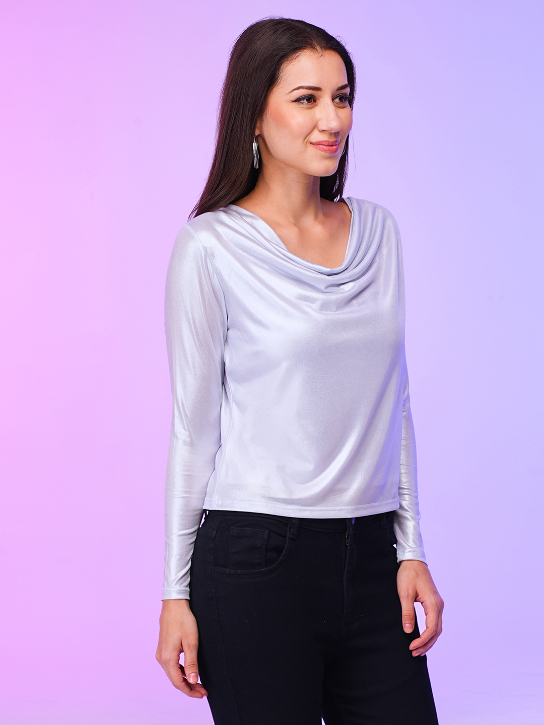 Globus Women White Cowl Neck With Shimmer Party Top