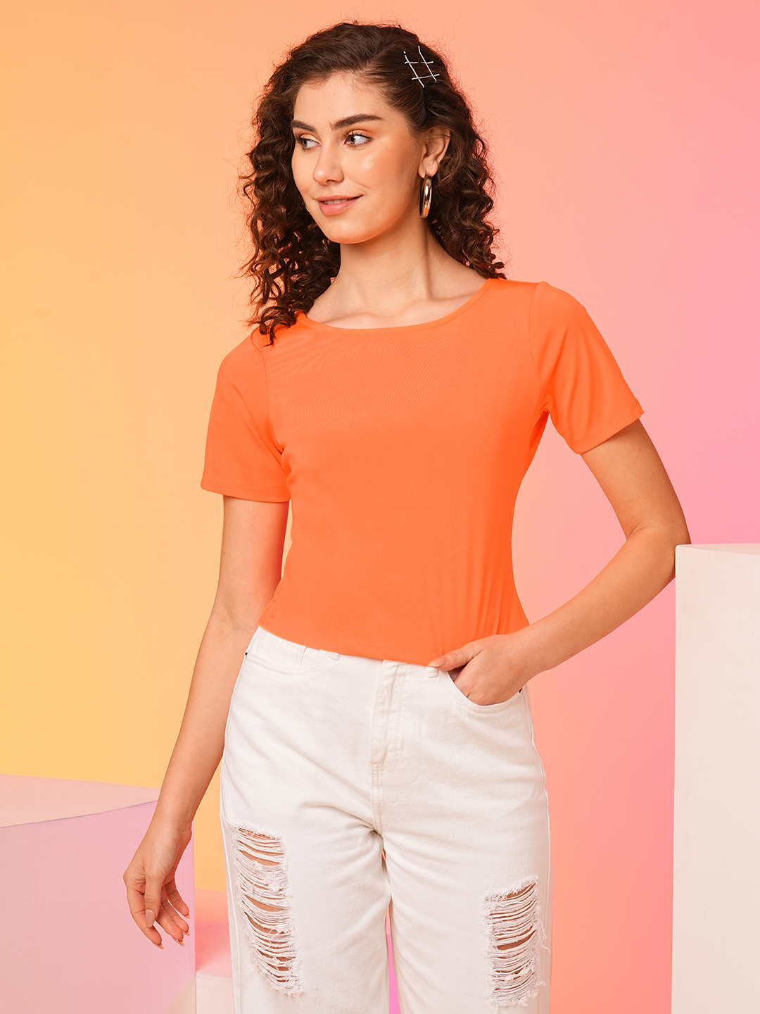 Globus Women Orange Bow Detail Styled Back Party Top