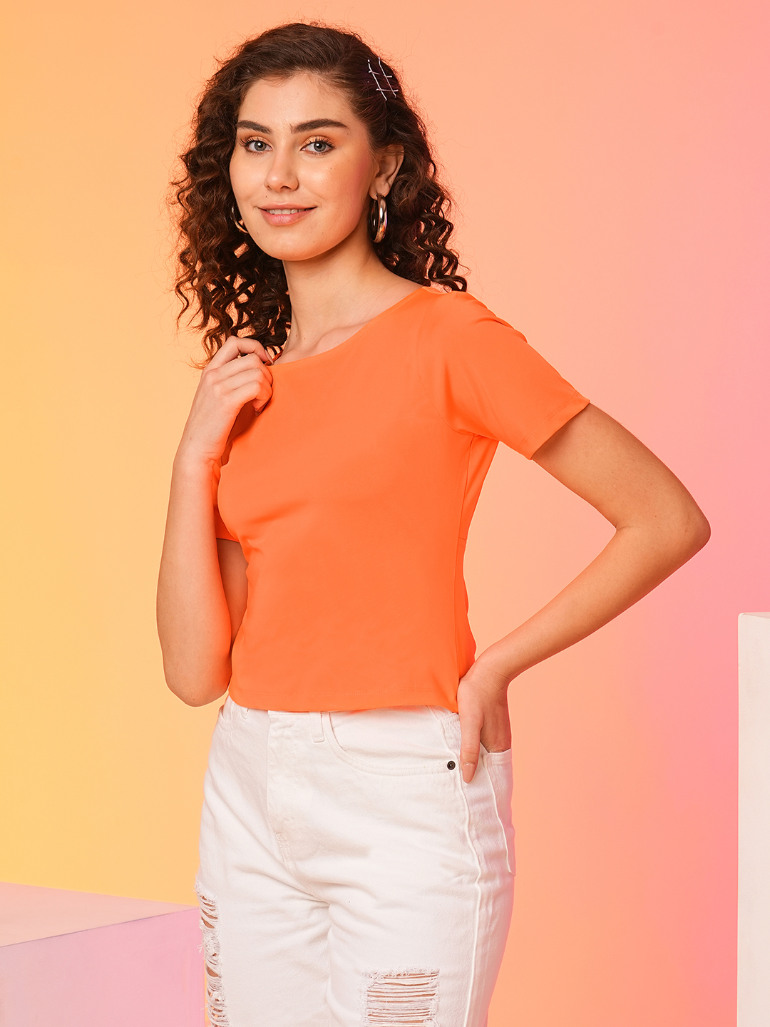 Globus Women Orange Bow Detail Styled Back Party Top