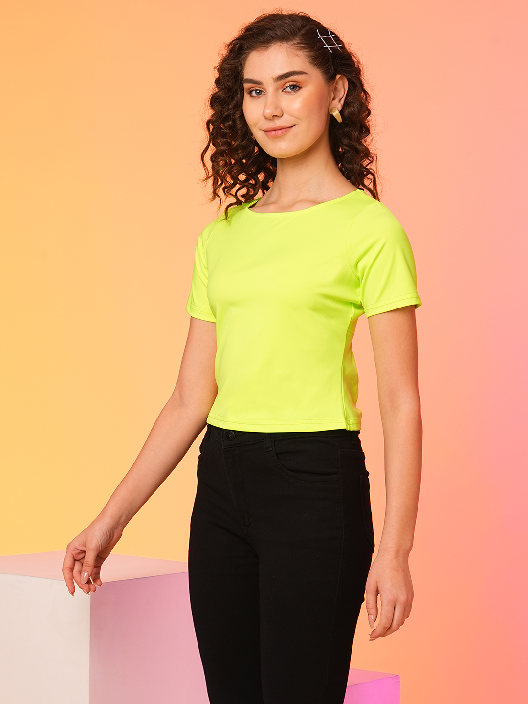Globus Women Neon Green Bow Detail Styled Back Party Top