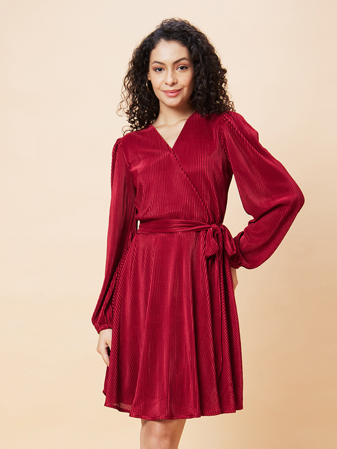 Globus Women Wine Wrap Neck Bishop Sleeves Accordion Pleated Belted A-Line Dress