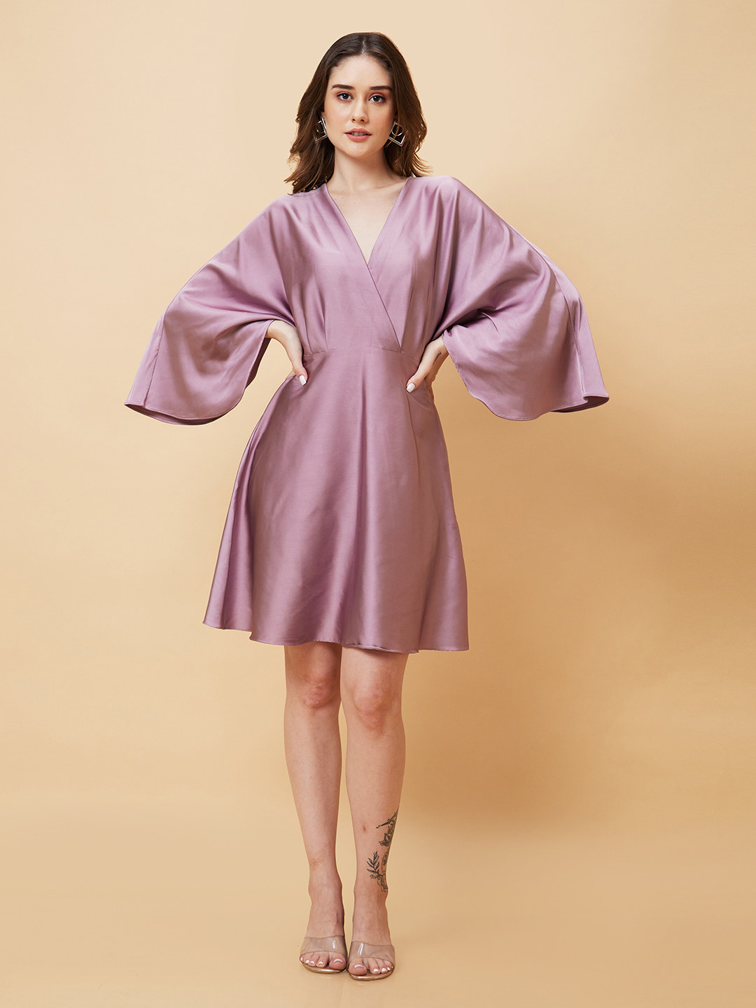 Globus Women Mauve Wrap Neck Flared Sleeves A-Line Party Dress