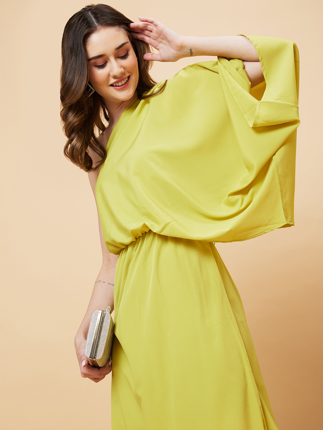 Globus Women Yellow Kimono Sleeves One Shoulder Gathered Waist Fit & Flare Side Slit Maxi Dress