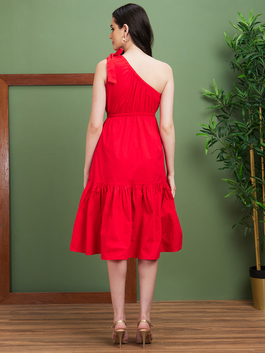 Globus Women Red Solid Cotton One Shoulder Fit & Flare Midi Party Dress