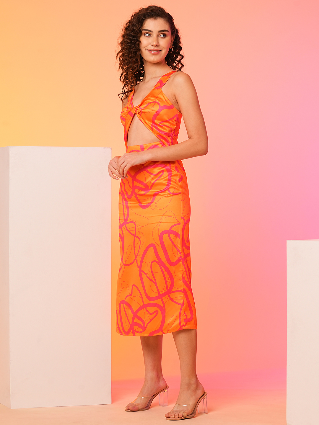 Globus Women Orange Abstract Twist Neck Bodycon Party Dress