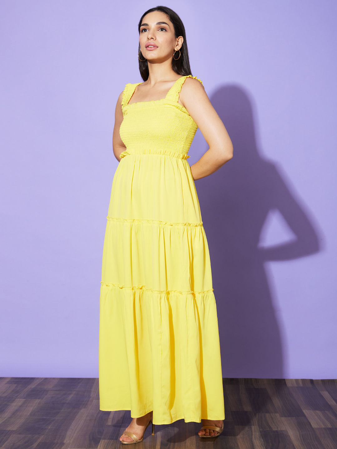 Globus Women Yellow Solid Shoulder Straps Maxi Party Dress