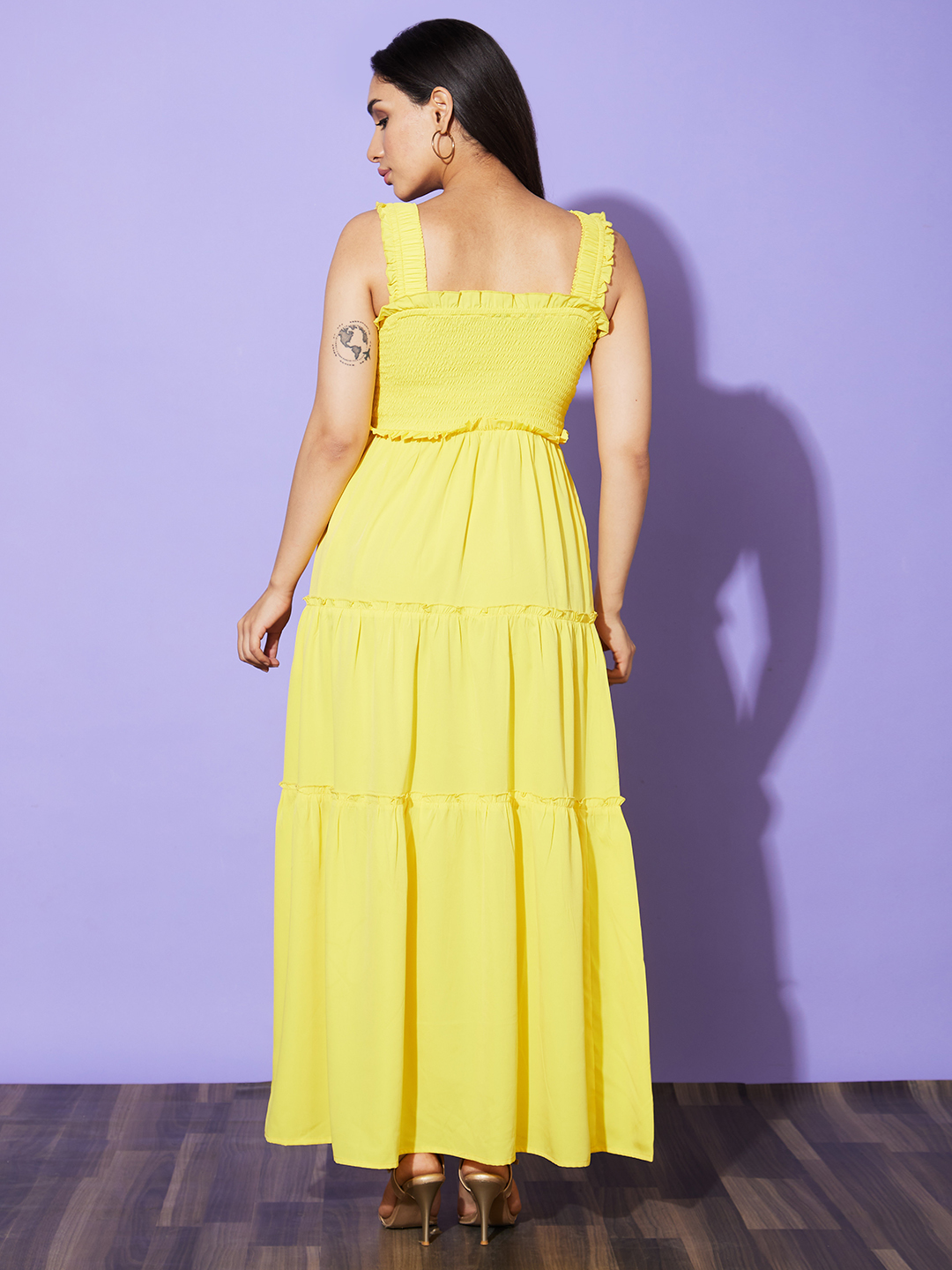 Globus Women Yellow Solid Shoulder Straps Maxi Party Dress