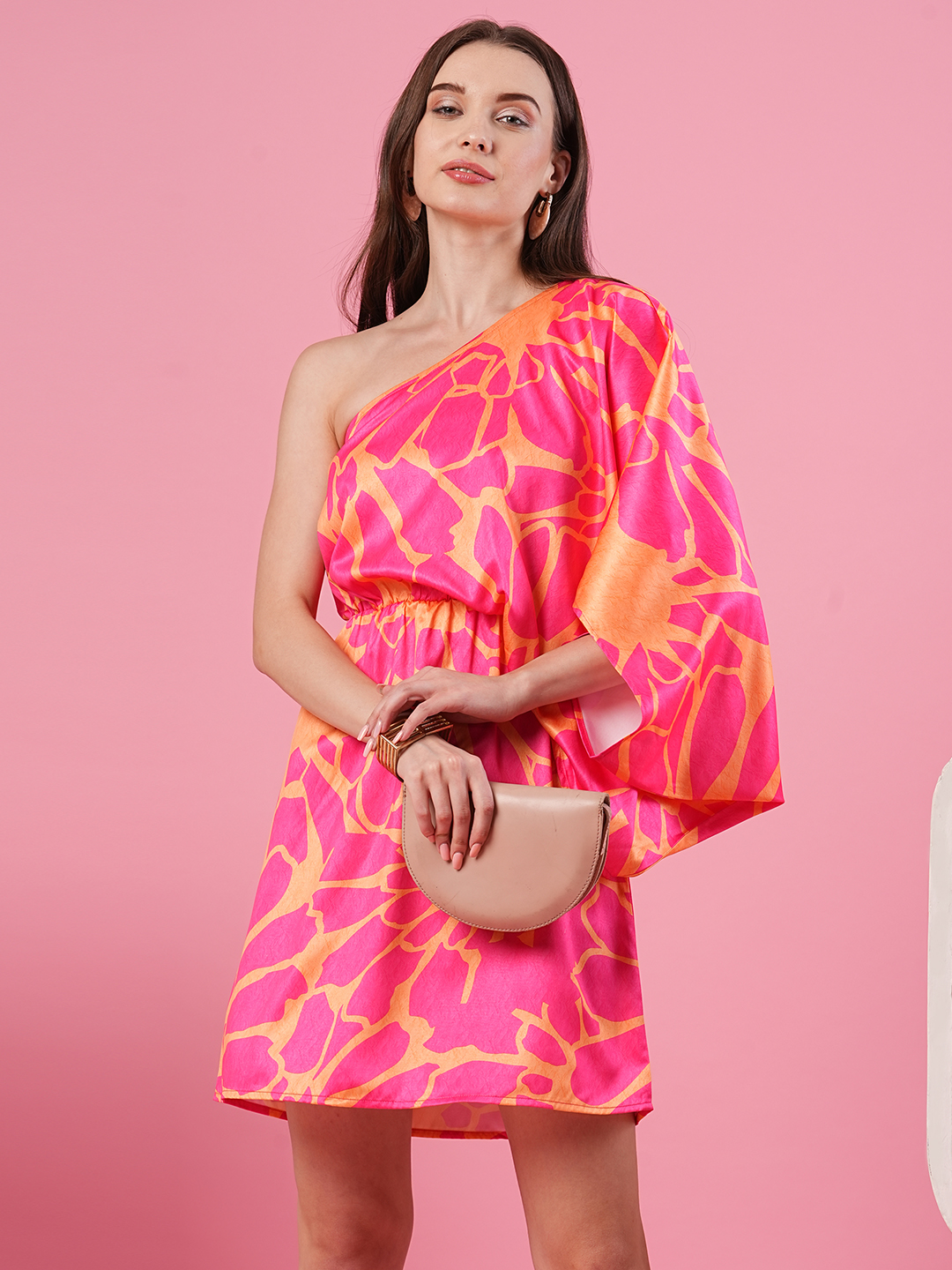 Globus Women Multi Pink Batwing Sleeves Printed A-Line Mini Party Dress