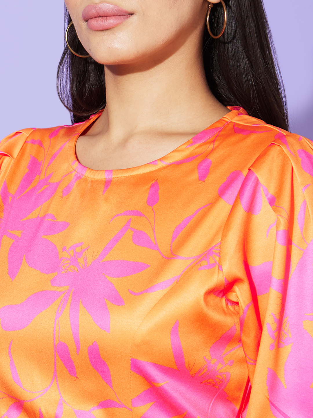 Globus Women Orange Floral Print Round Neck Puff Sleeves Bodycon Party Dress