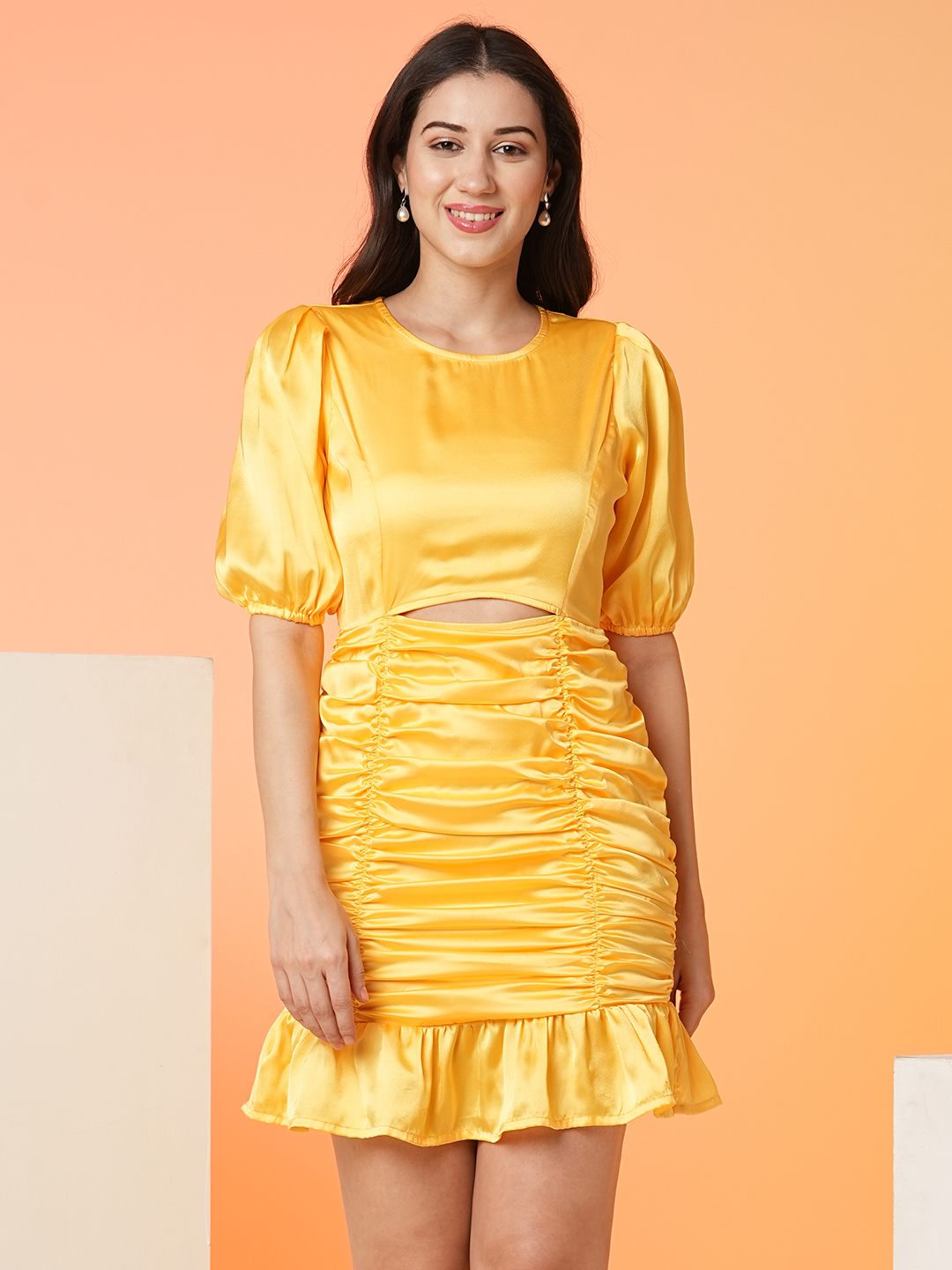 Globus Women Yellow Cut-Outs Ruched Slim Fit Bodycon Party Dress