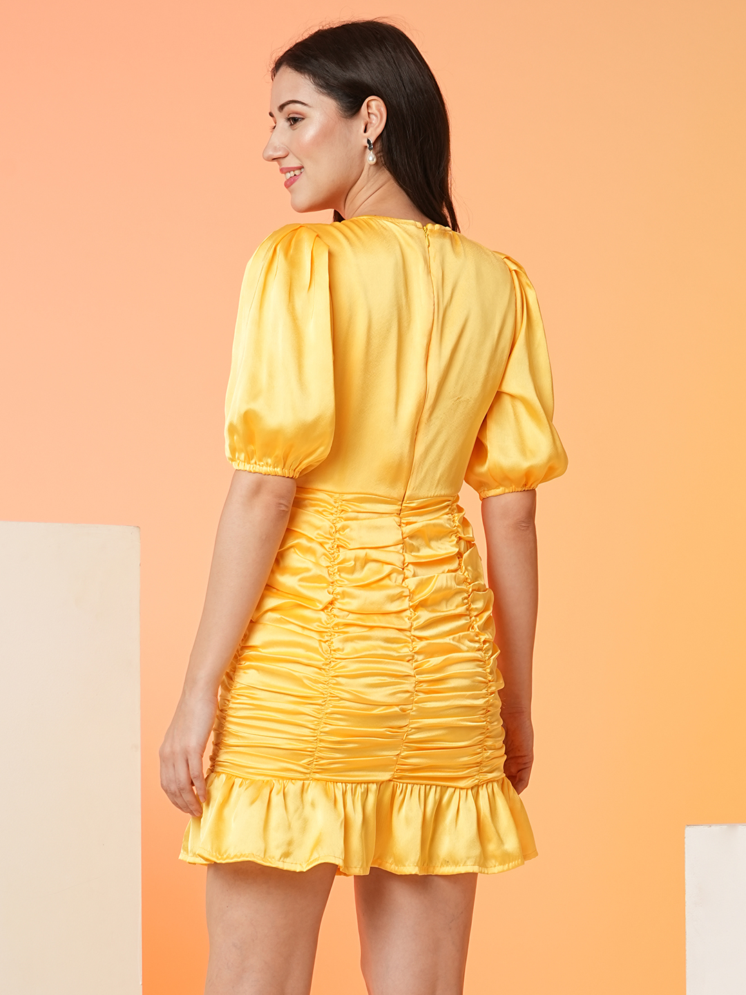 Globus Women Yellow Cut-Outs Ruched Slim Fit Bodycon Party Dress