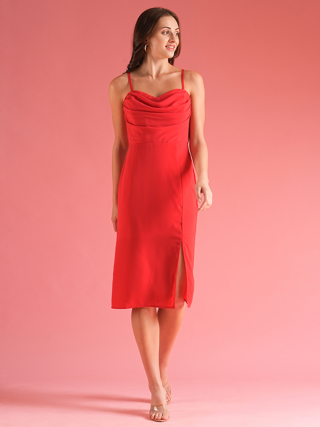 Globus Women Red Straight Strappy Shoulder Party Dress