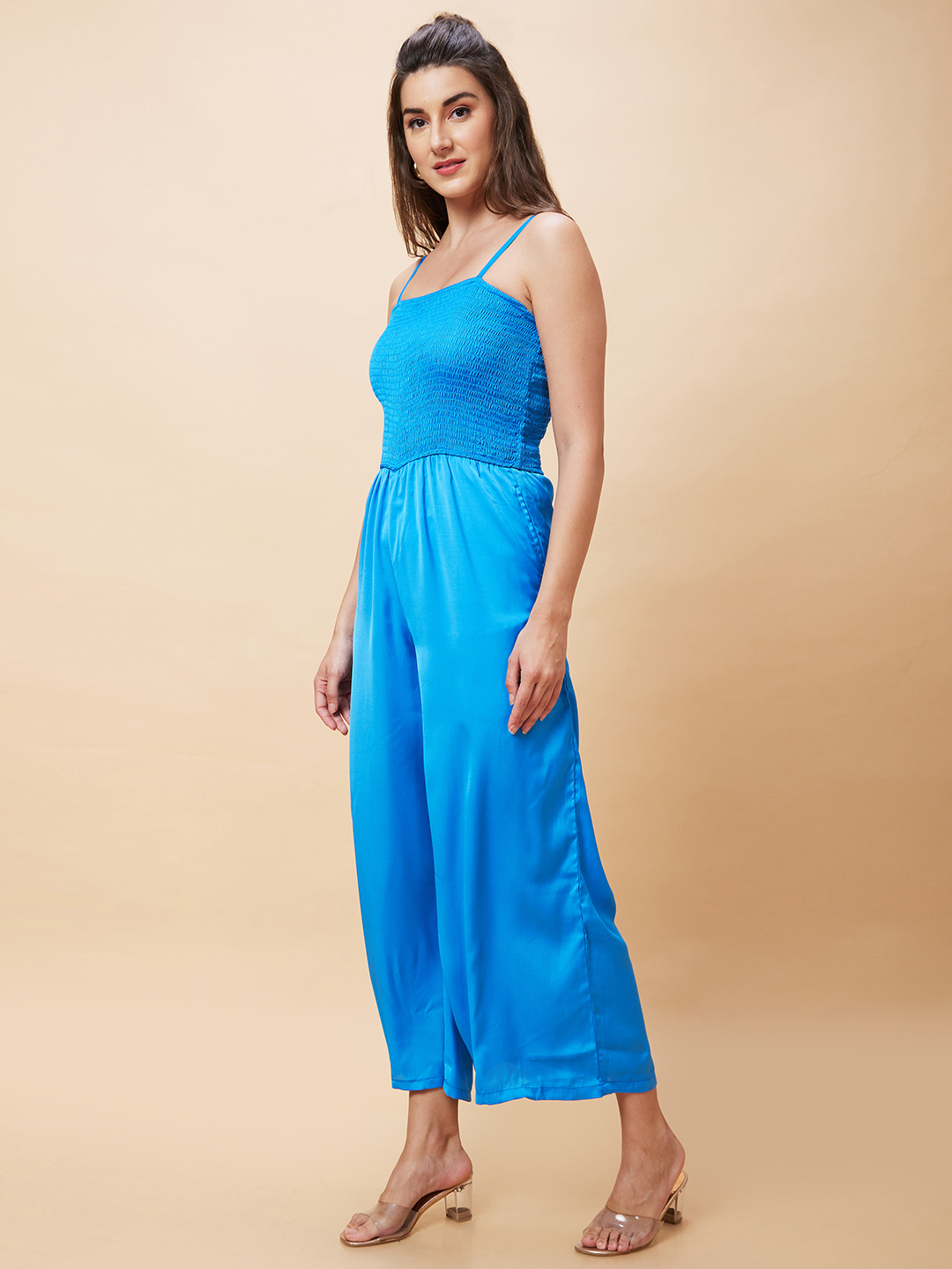 Globus Women Blue Solid Smocked Strappy Party Jumpsuit