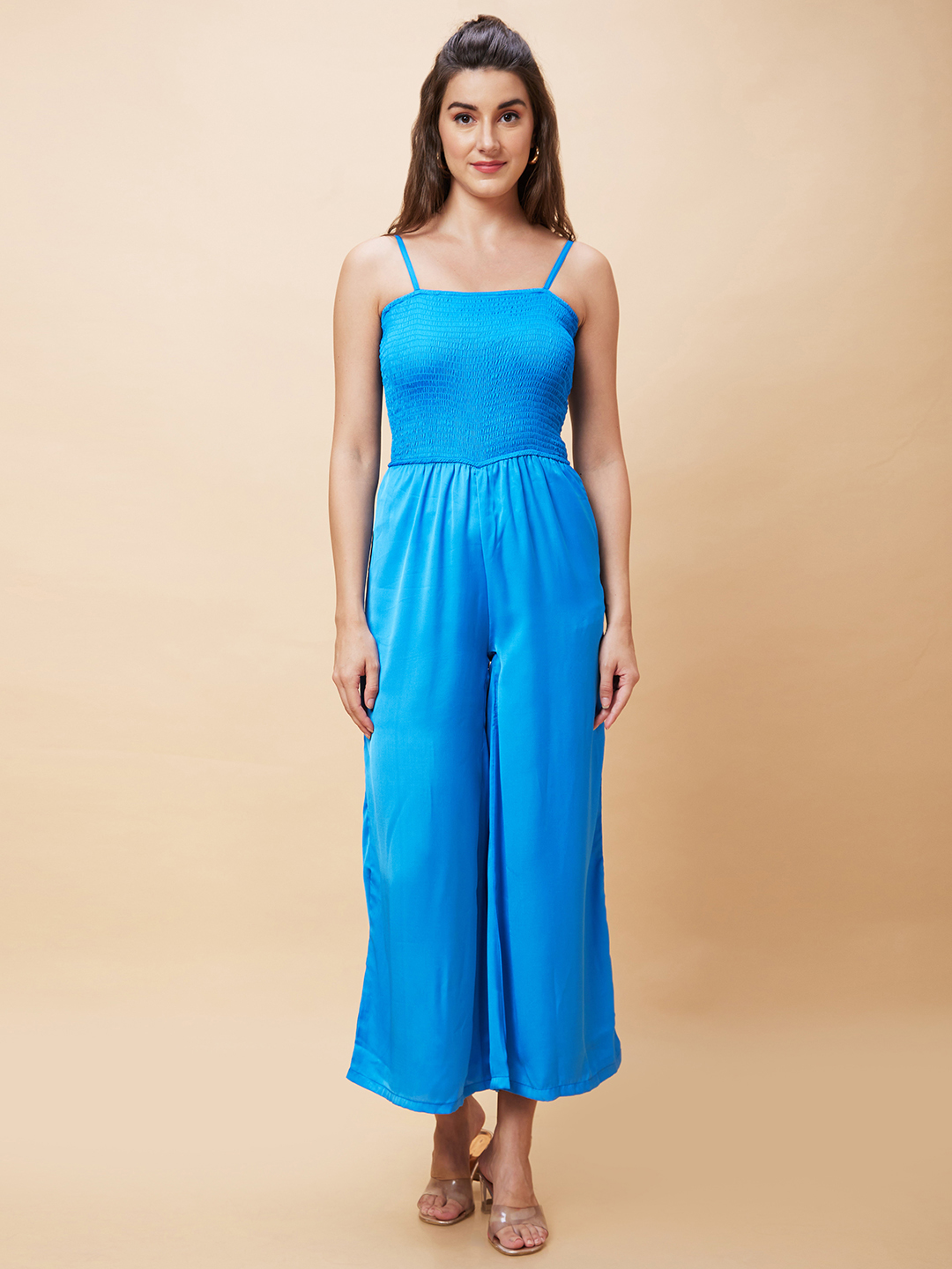 Globus Women Blue Solid Smocked Strappy Party Jumpsuit