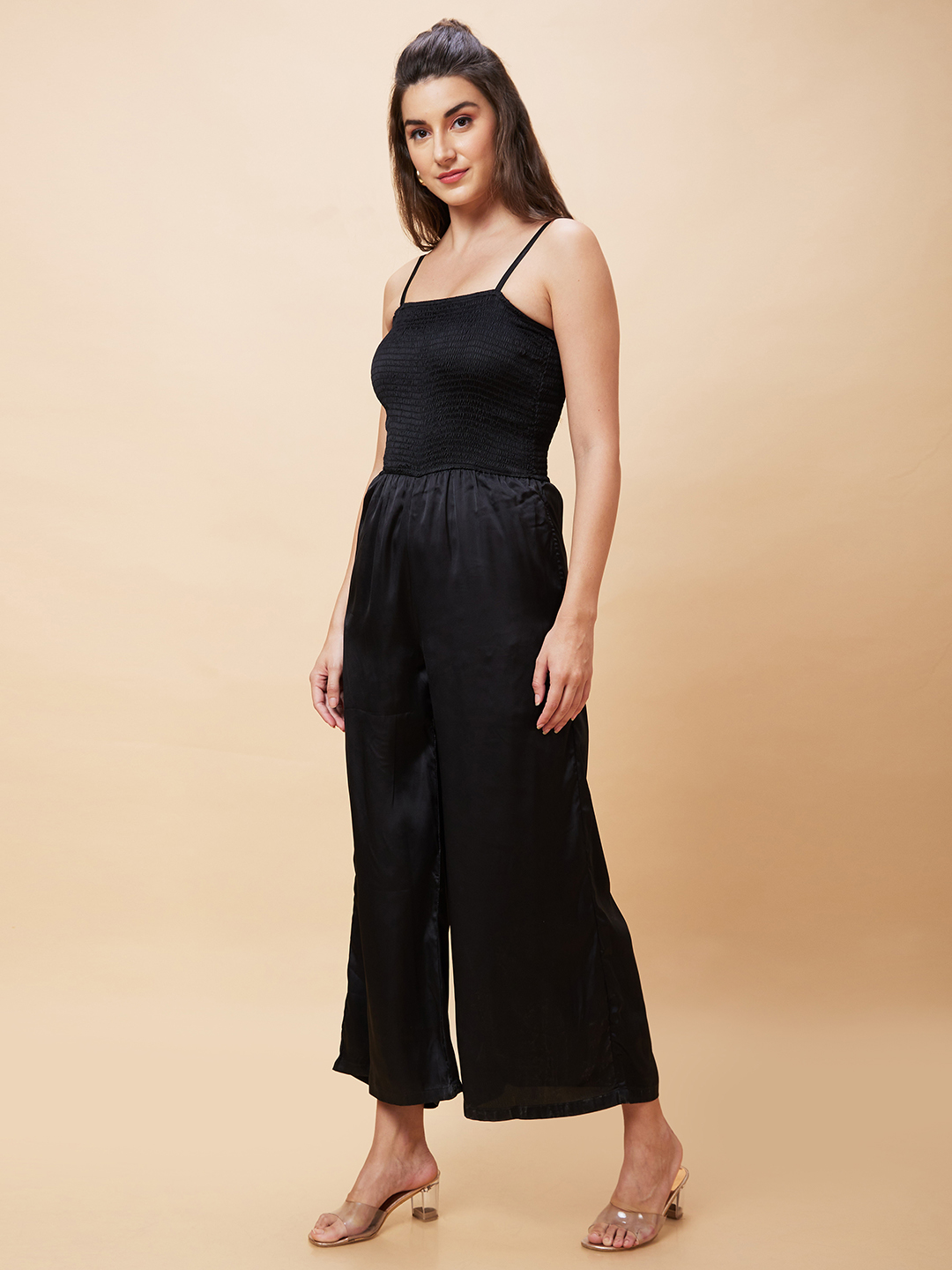 Globus Women Black Solid Smocked Strappy Party Jumpsuit