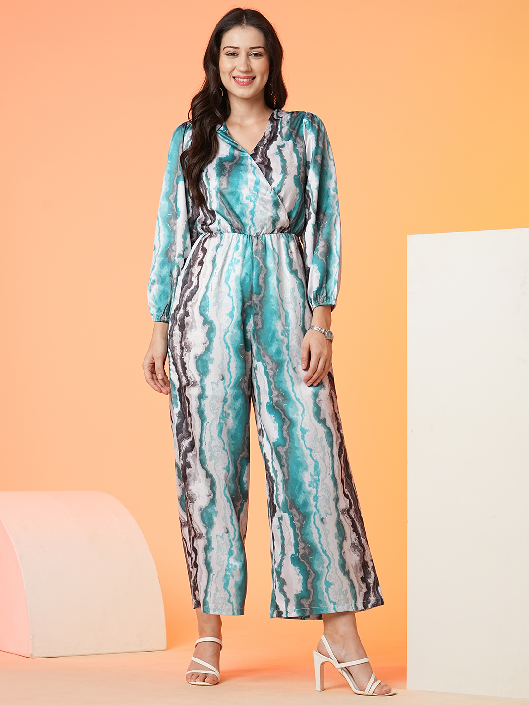 Globus Women Multi Green V-Neck Printed Party Jumpsuit