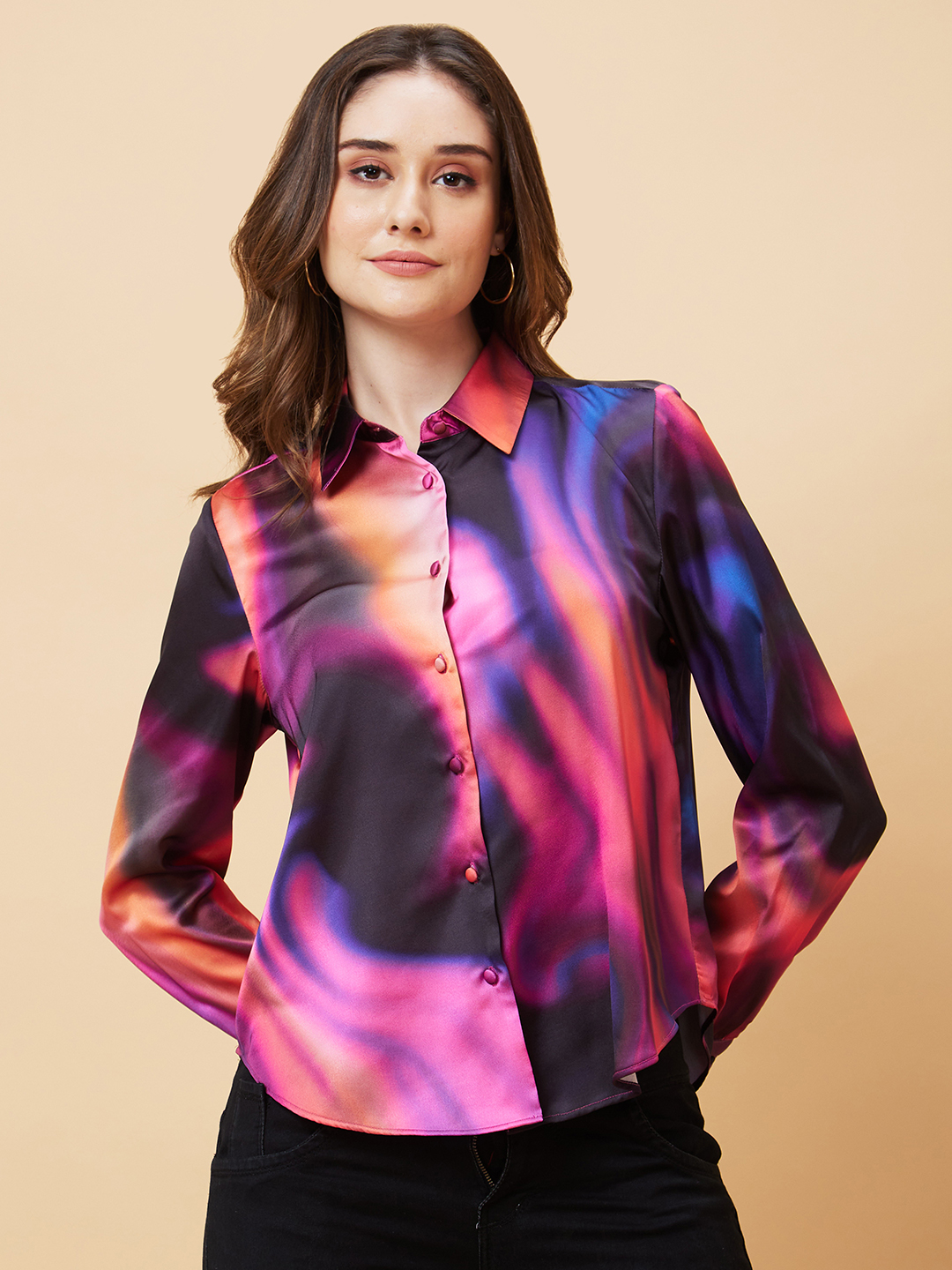 Globus Women Multi Galaxy Print Cuffed Sleeves Shirt Style Party Top
