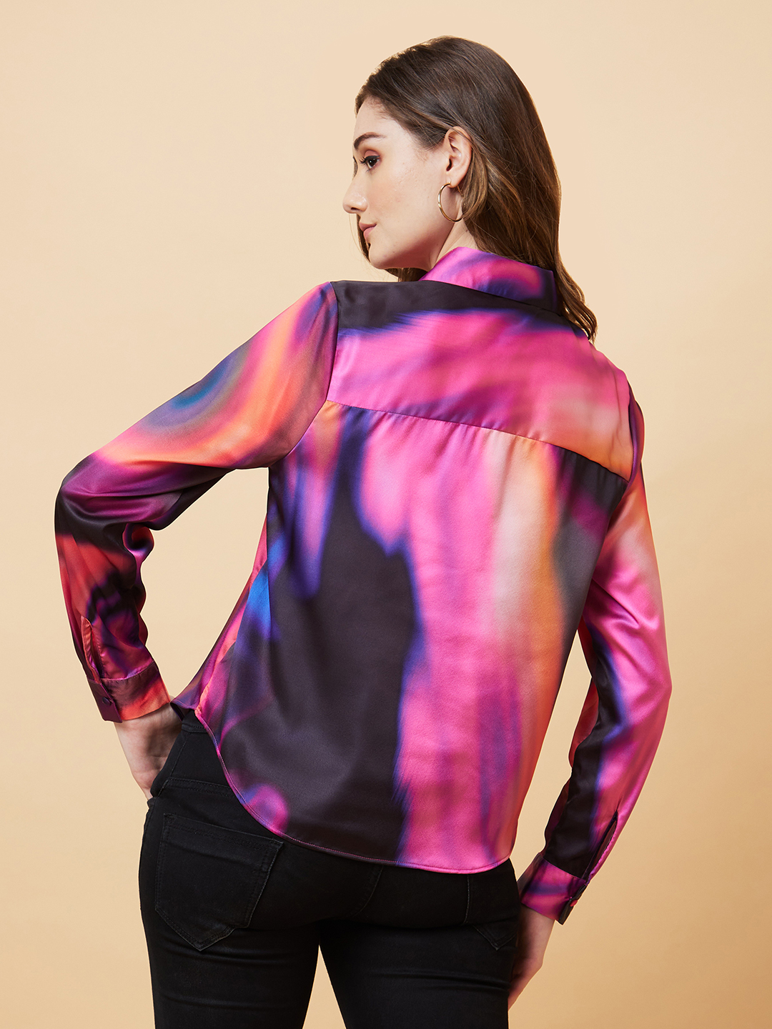 Globus Women Multi Galaxy Print Cuffed Sleeves Shirt Style Party Top