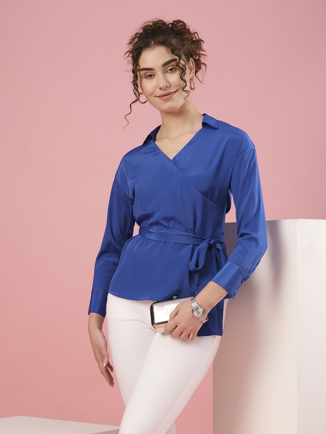 Globus Women Blue Shirt Collar Cuffed Sleeves Party Top