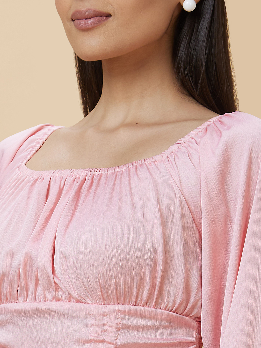 Globus Women Pink Solid Square Neck Smocking Party Crop Top