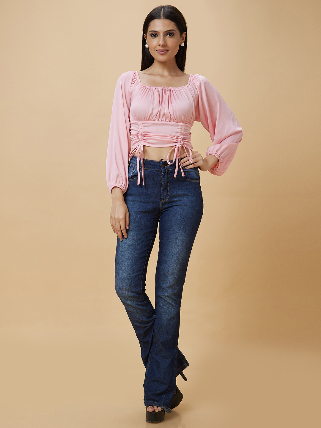 Globus Women Pink Solid Square Neck Smocking Party Crop Top