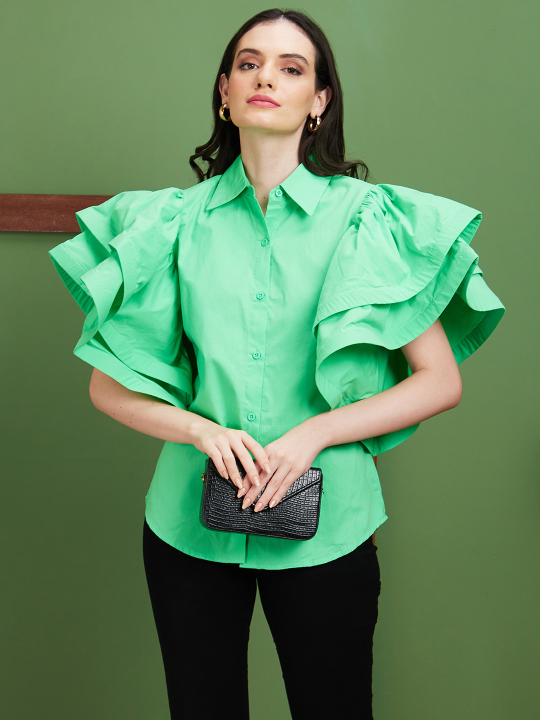Globus Women Green Solid Cotton Shirt Collar Oversized Party Top