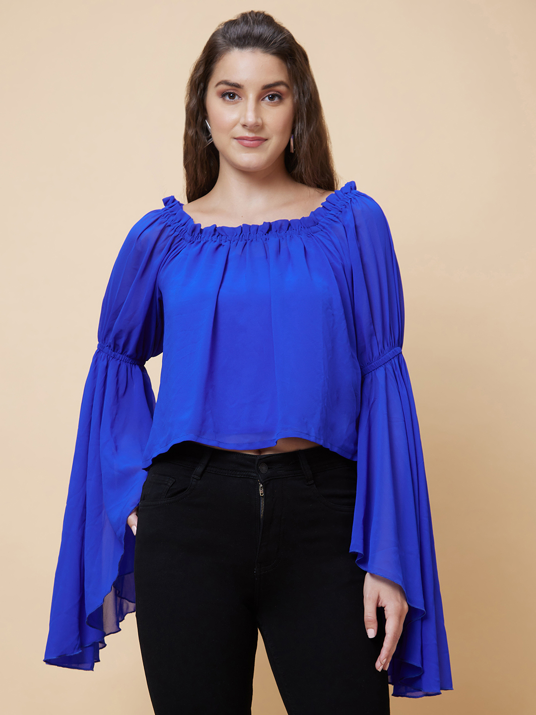 Globus Women Blue Solid Square Neck Flared Sleeves Party Crop Top