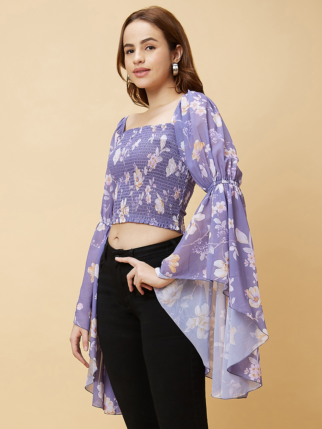 Globus Women Lilac Square Neck Long Flared Sleeves Smocking Detail Floral Print Smocked Crop Top