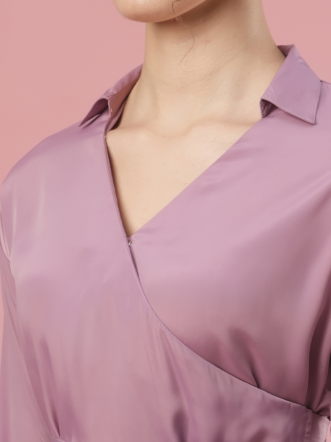 Globus Women Mauve Shirt Collar Cuffed Sleeves Party Top