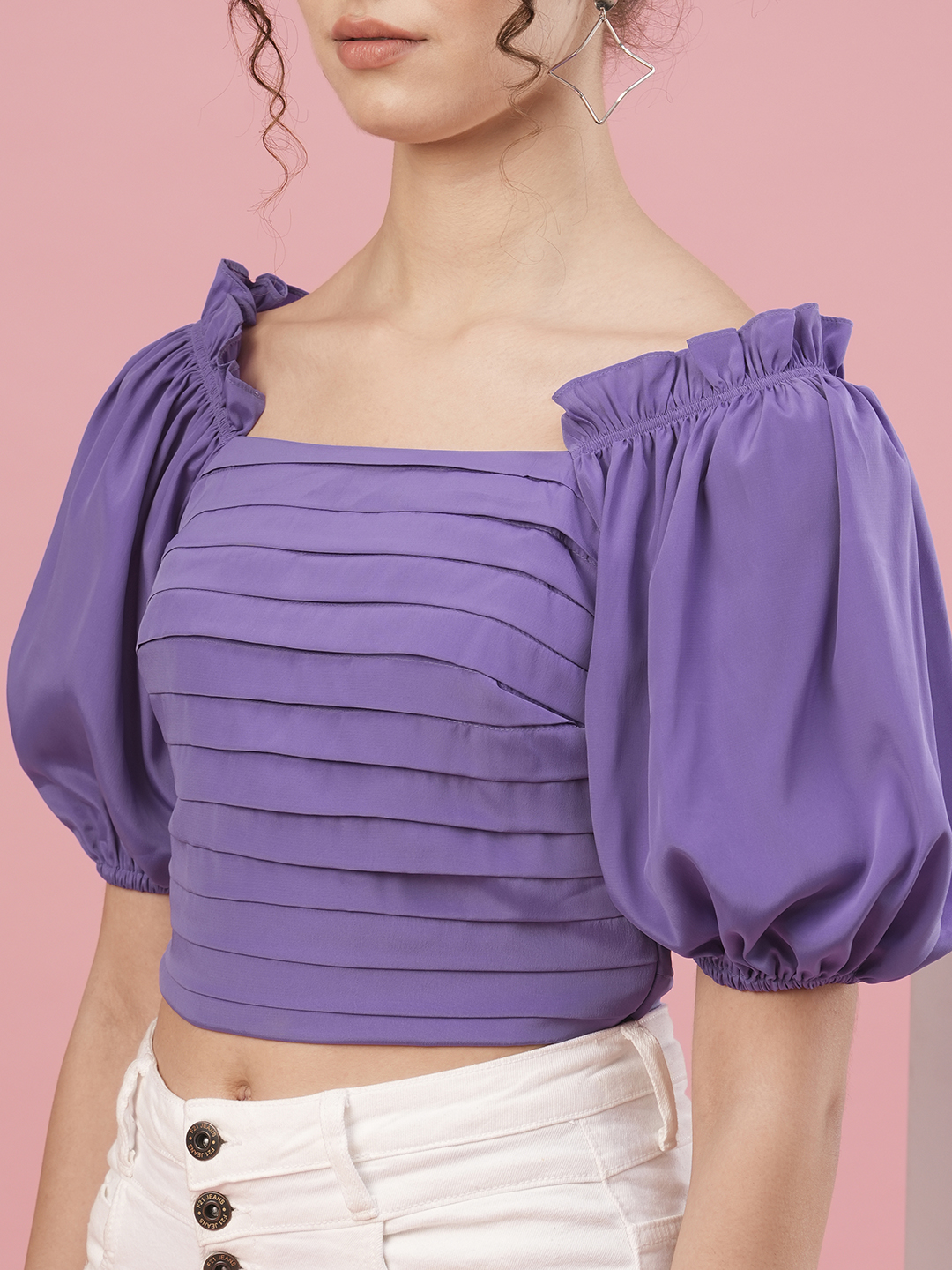 Globus Women Lavender Square Neck Puff Sleeves Gathered Party Top