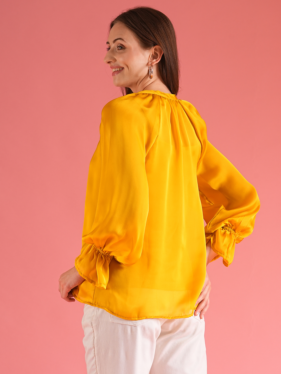 Globus Women Yellow Loose Fit Raglan Sleeves Shirt Style Party Top