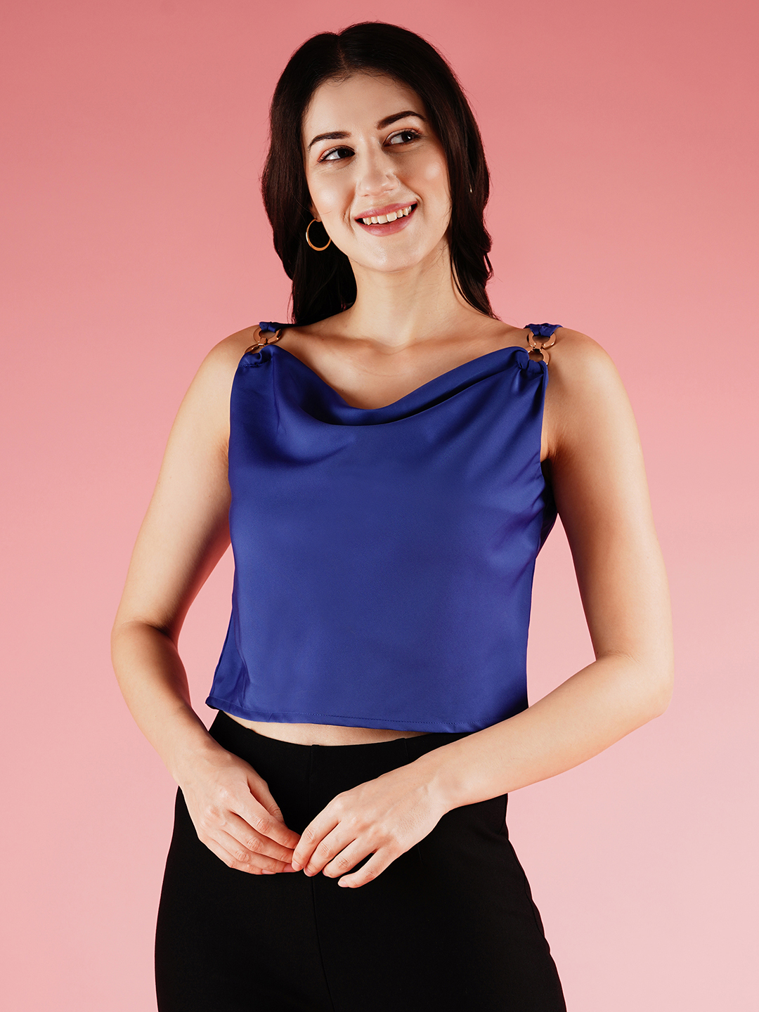 Globus Women Blue Cowl Neck Party Top With Metal Buckle Strap
