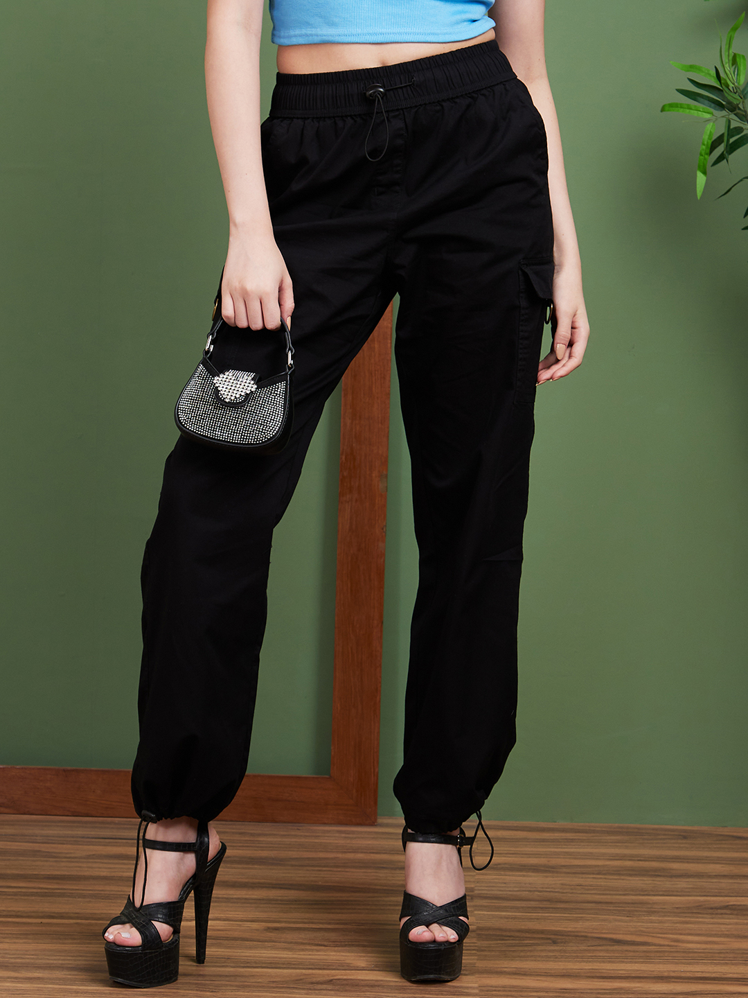 Globus Women Black Solid Cotton Straight Fit Casual Cargo Trousers