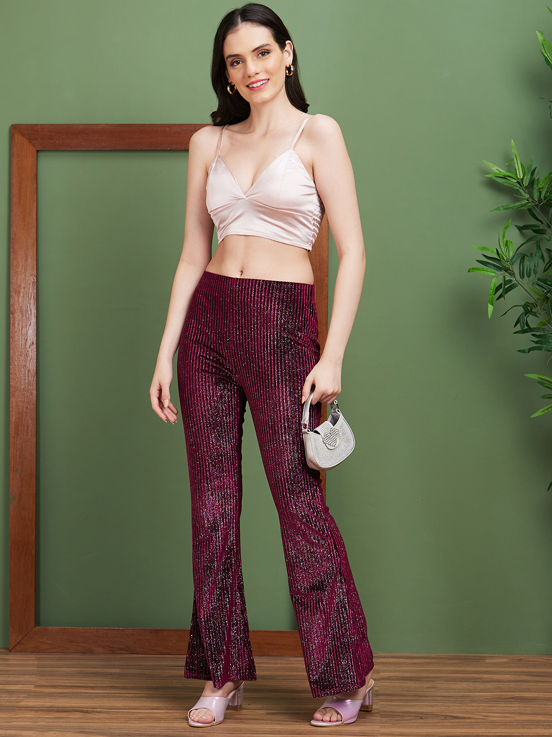 Globus Women Magenta Sheen Embellished Polyester Flared Party Trousers