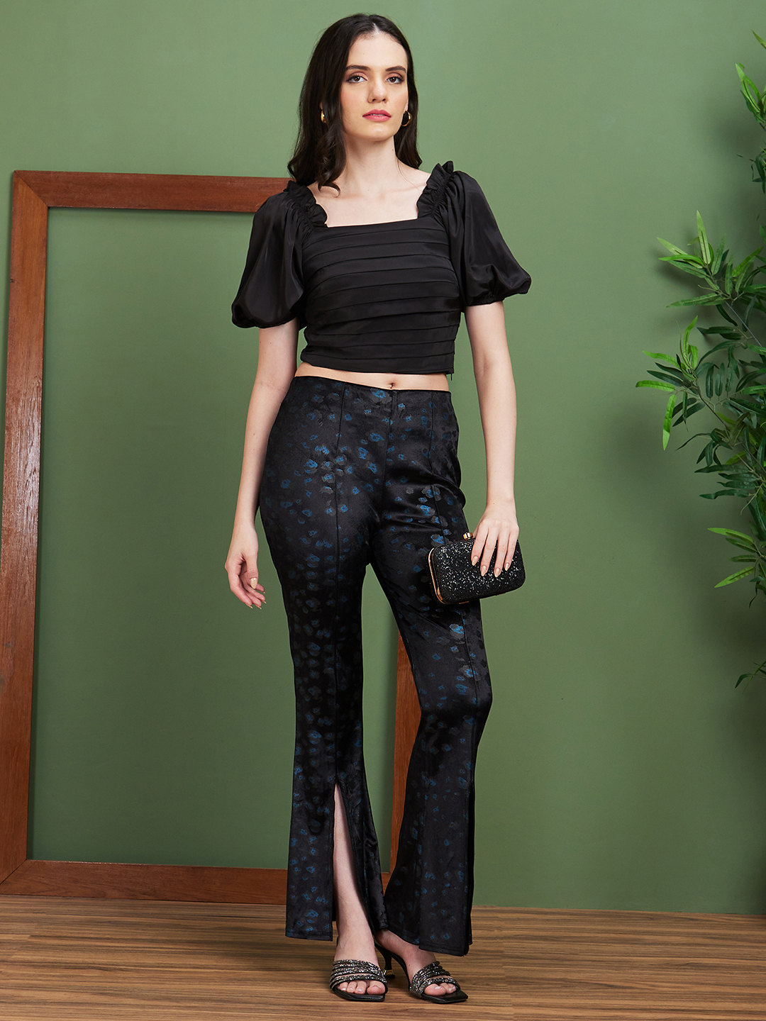 Globus Women Black Printed Polyester Flared Party Trousers