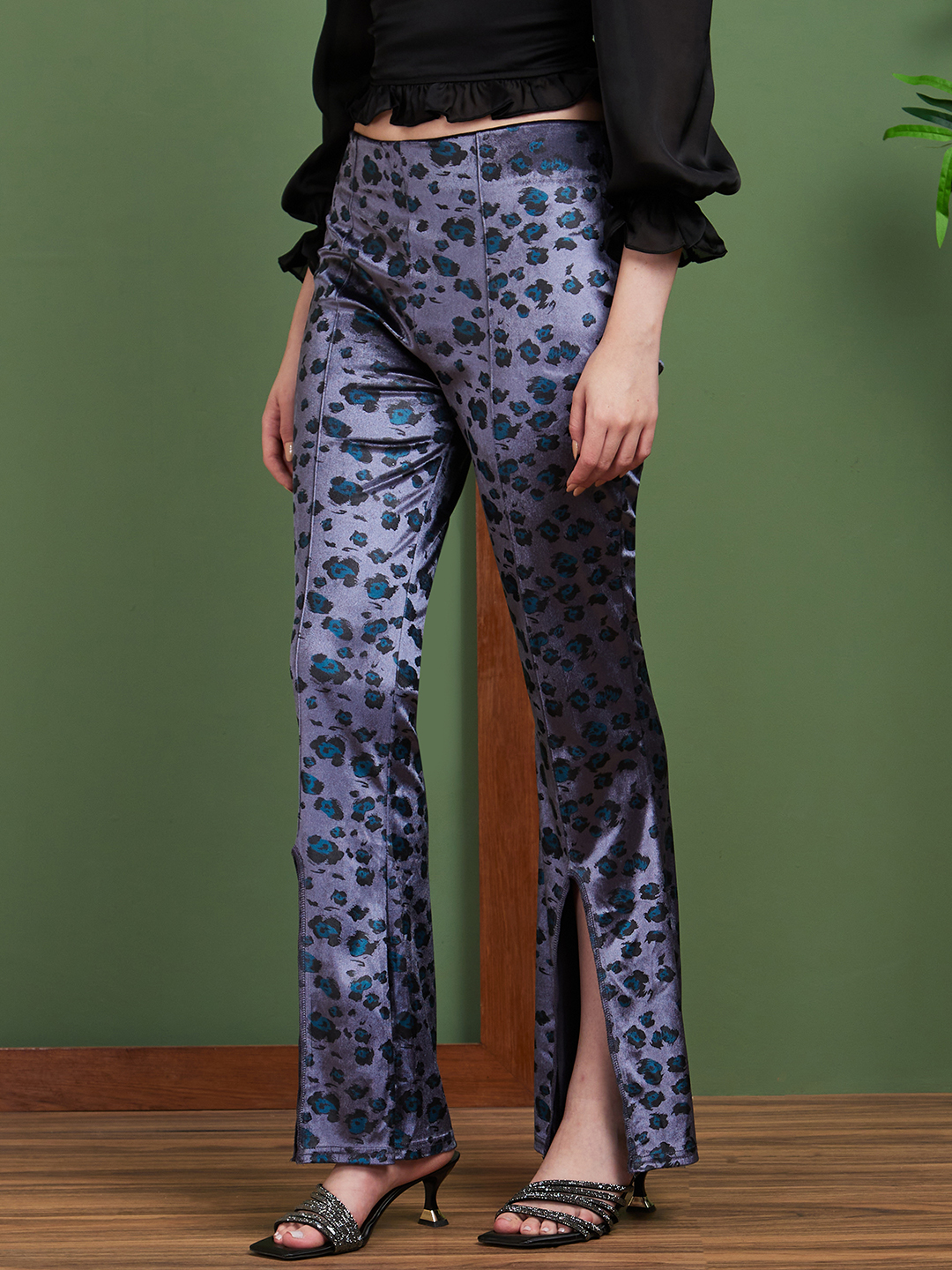 Globus Women Gunmetal Printed Polyester Flared Party Trousers