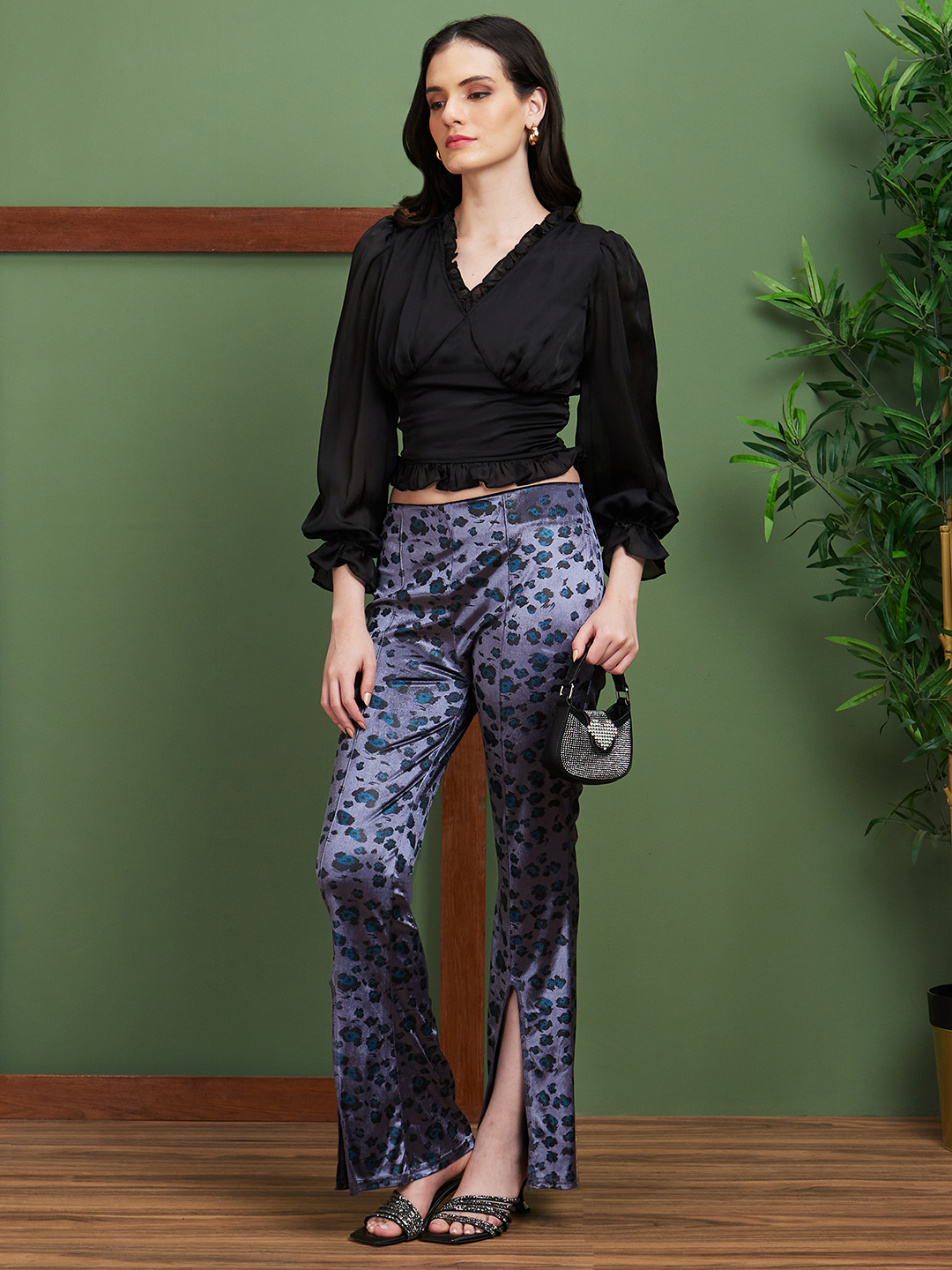 Globus Women Gunmetal Printed Polyester Flared Party Trousers