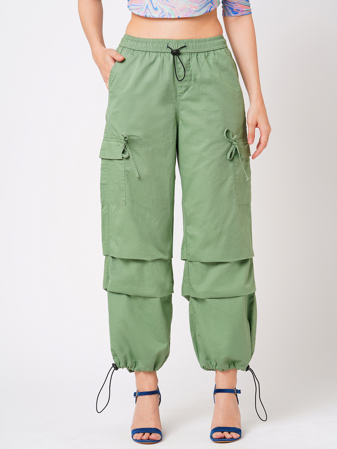 Globus Women Powder Green Loose Fit Mid-Rise Flat Front Cargo Trousers