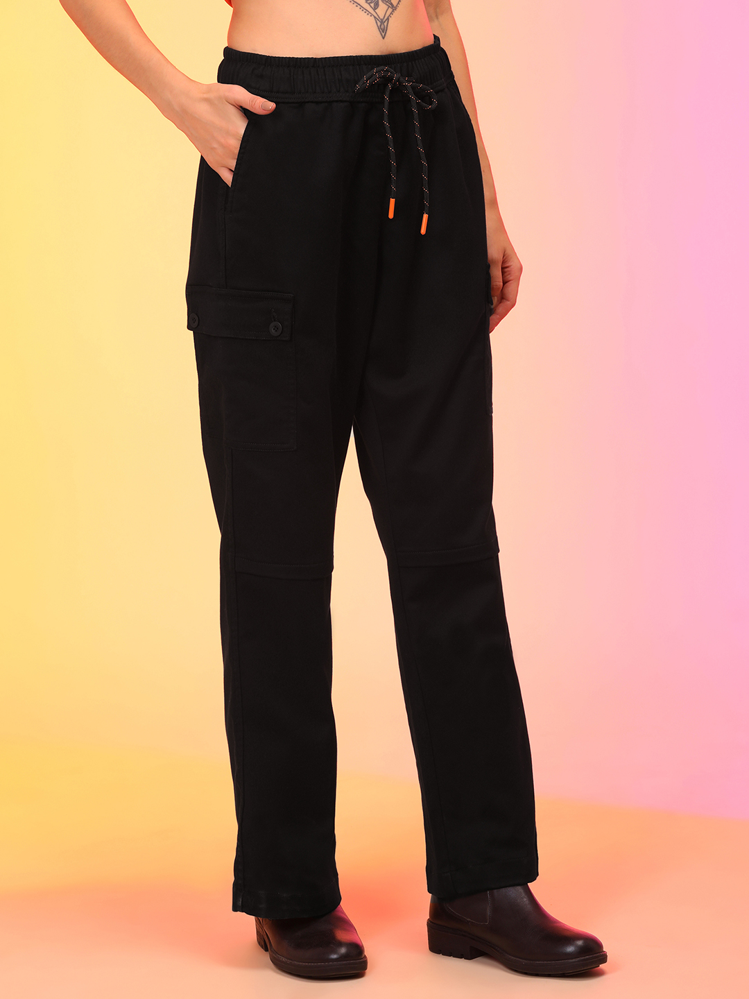 Globus Women Black Straight Fit Military Inspired Cargo Trousers