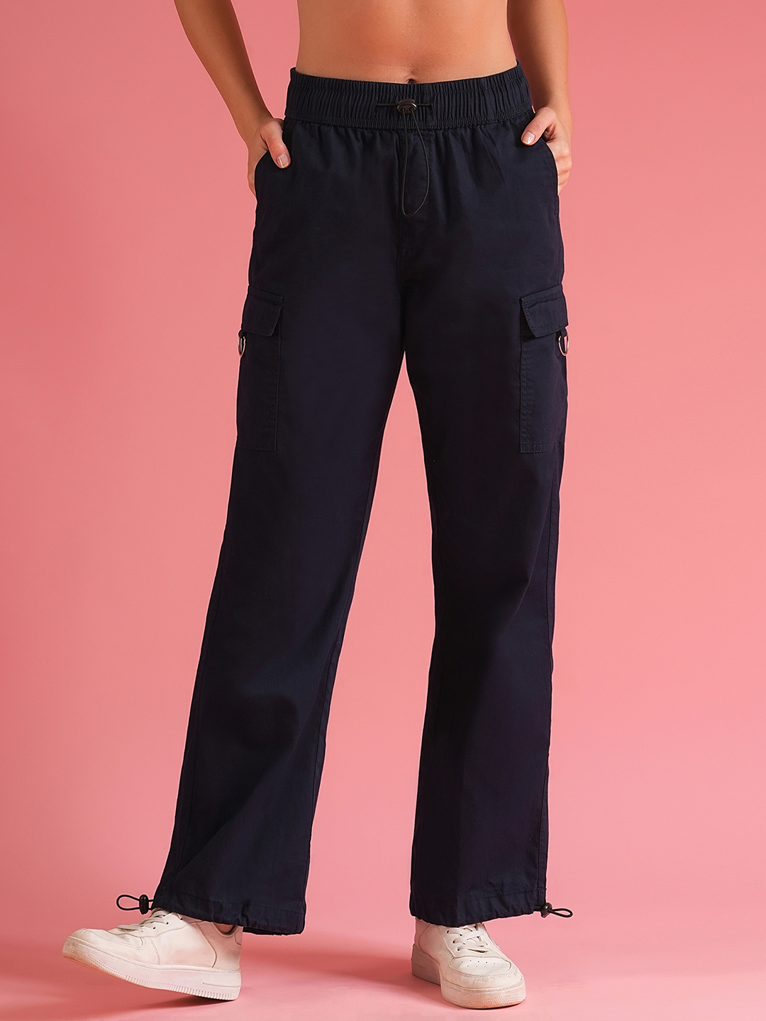 Globus Women Navy Loose Fit Mid-Rise Cargo Trousers